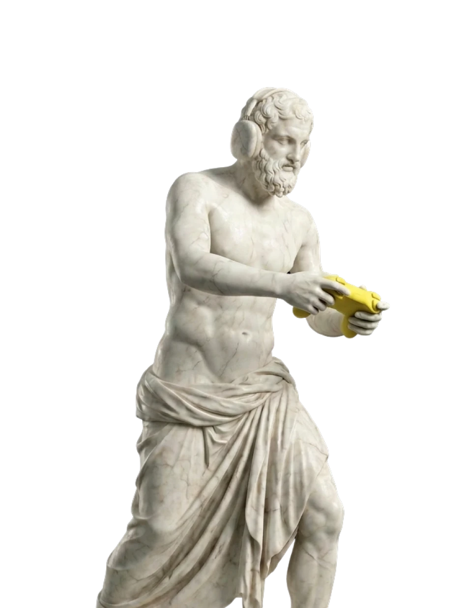 Classical marble statue wearing modern headphones, calling the match on a yellow game controller.