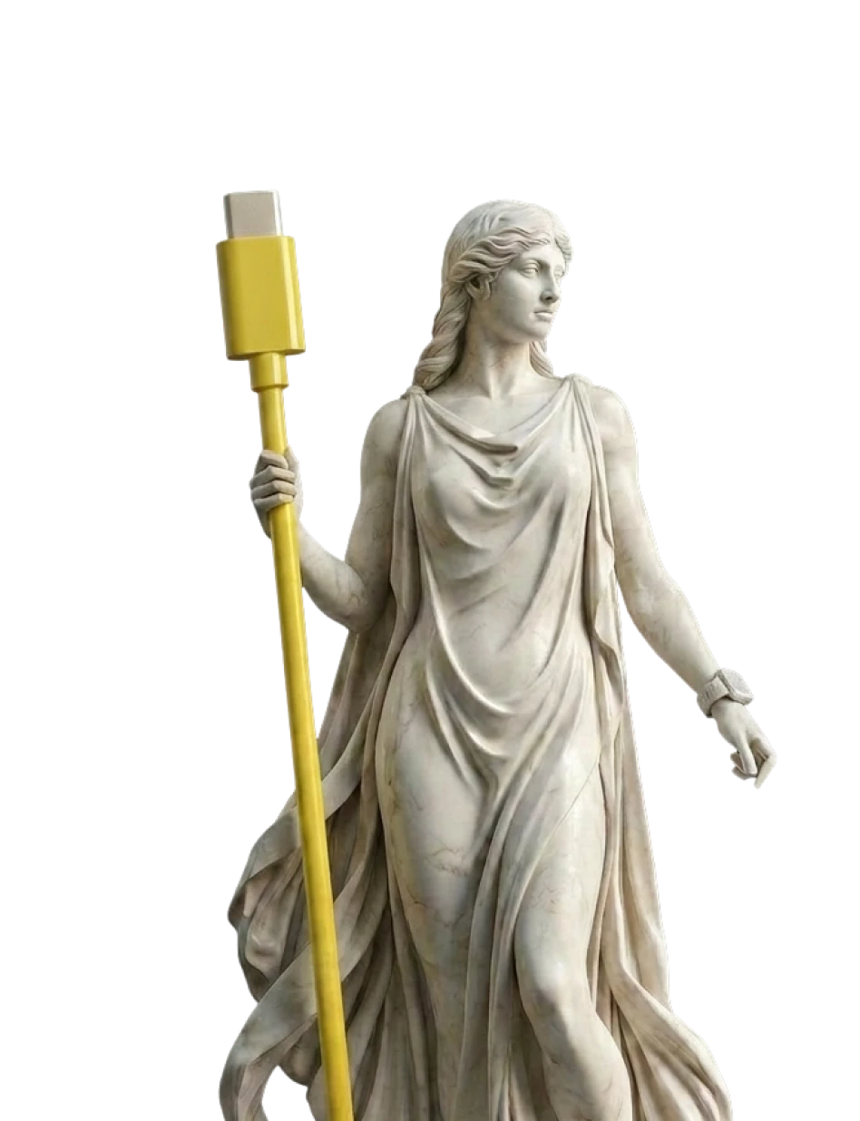 Classical statue of a woman holding a large yellow cable as a staff, the line that moves the odds.