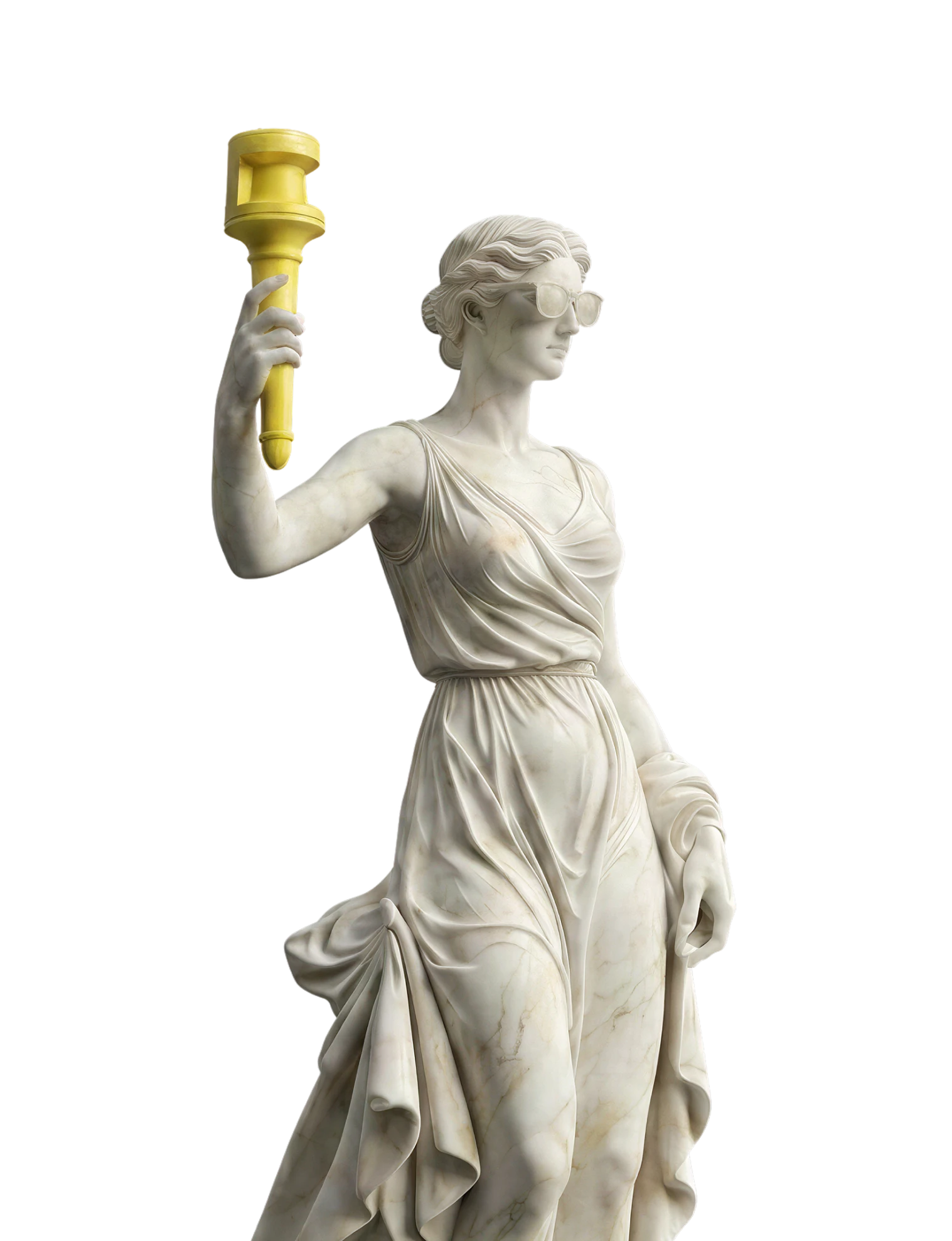 Marble statue of a classical woman wearing sunglasses holding a bright yellow torch.